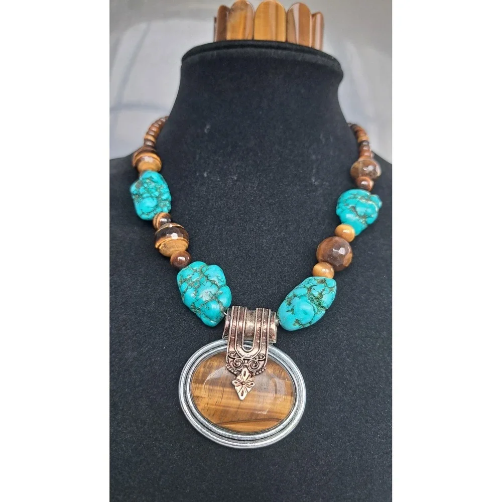 Turquoise Tigers Eye Beaded Necklace Pendant and Stretch Bracelet Jewelry Set